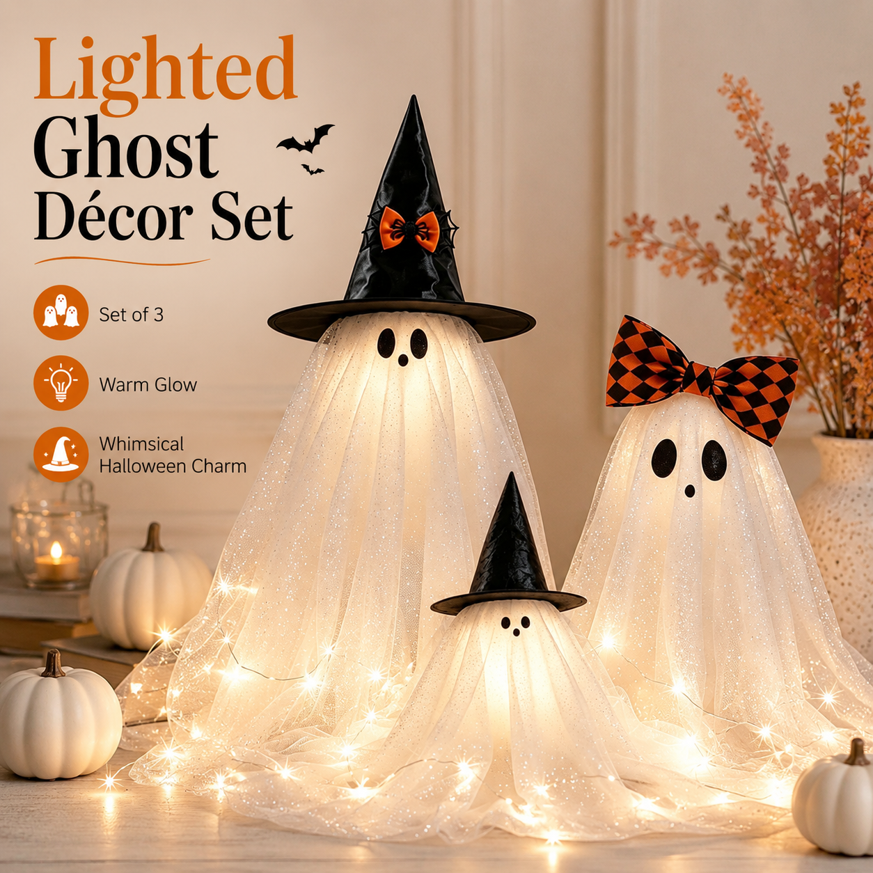 Set of 3 Glitter Fabric Ghost Figurines Tabletop Decorations