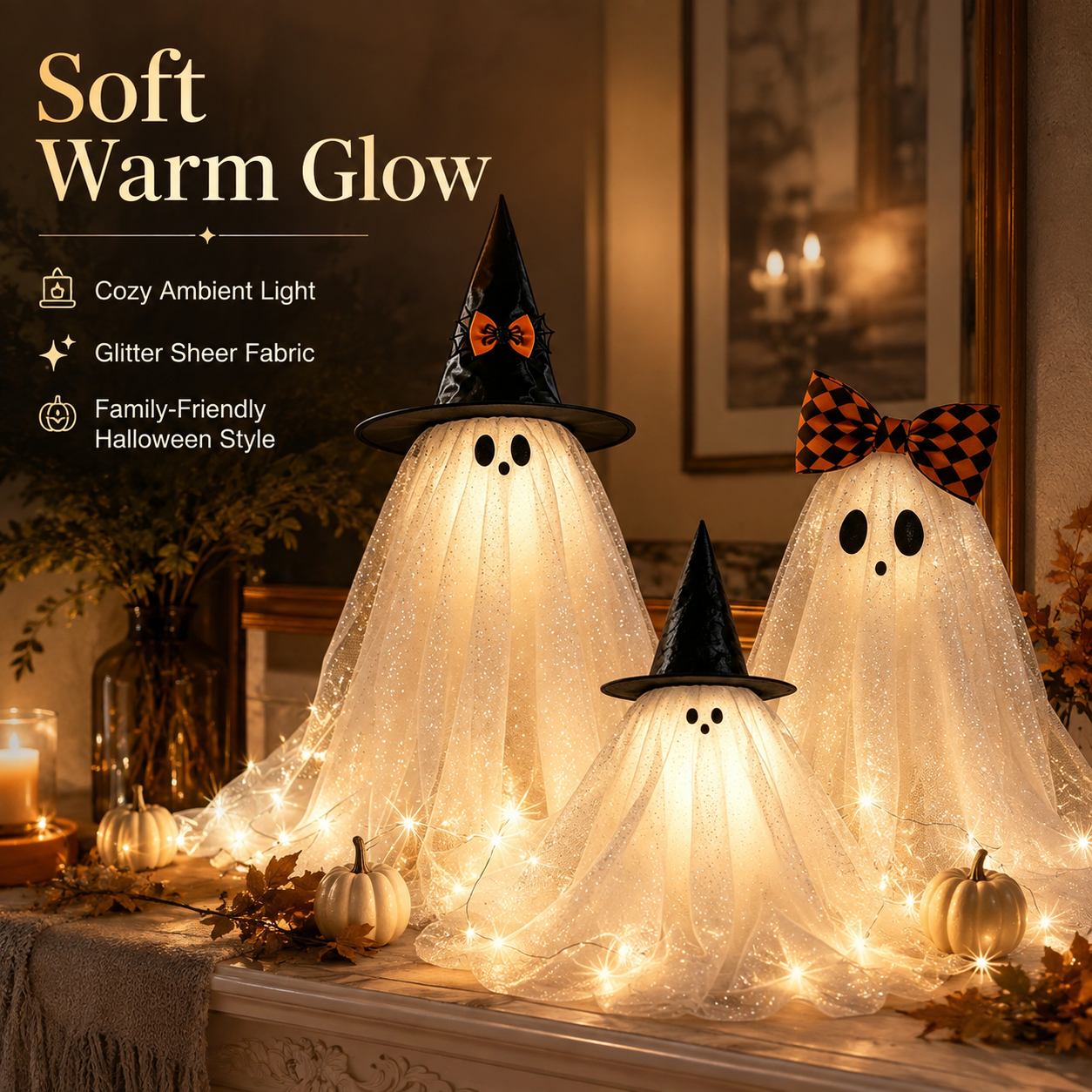Set of 3 Glitter Fabric Ghost Figurines Tabletop Decorations