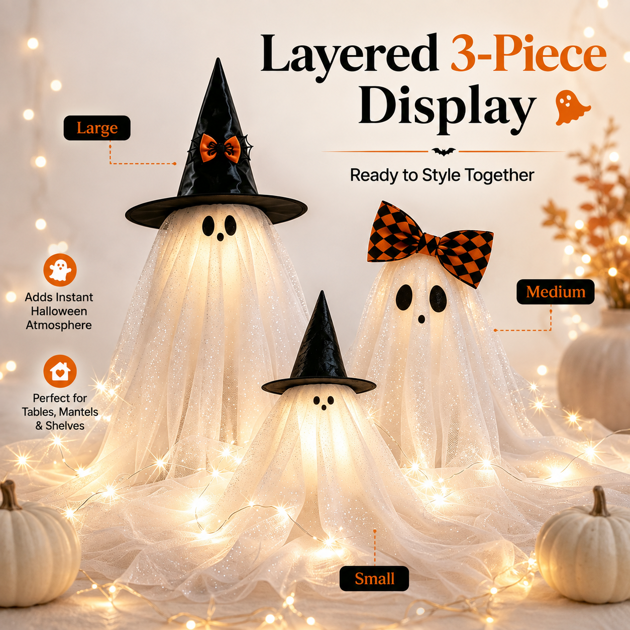 Set of 3 Glitter Fabric Ghost Figurines Tabletop Decorations