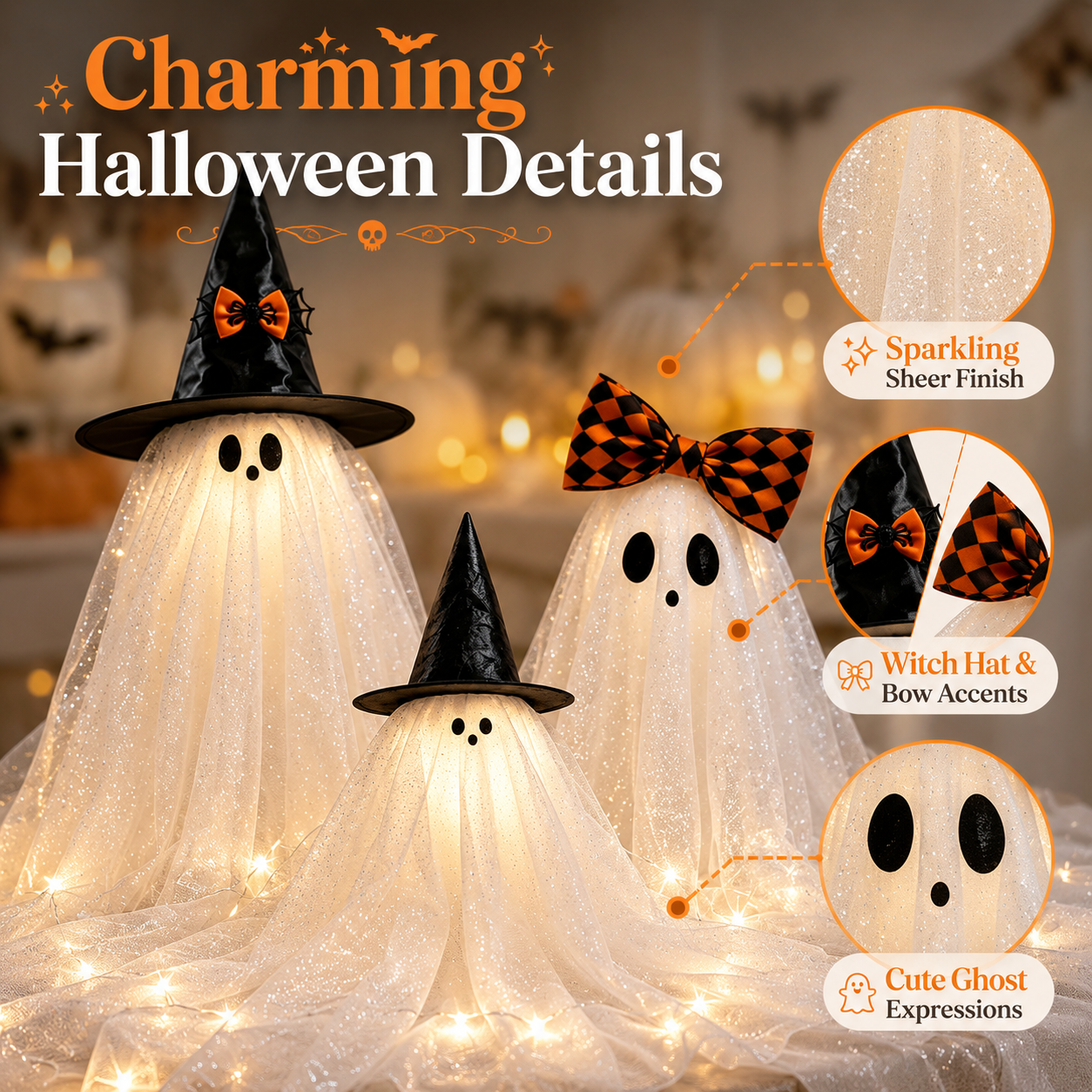 Set of 3 Glitter Fabric Ghost Figurines Tabletop Decorations