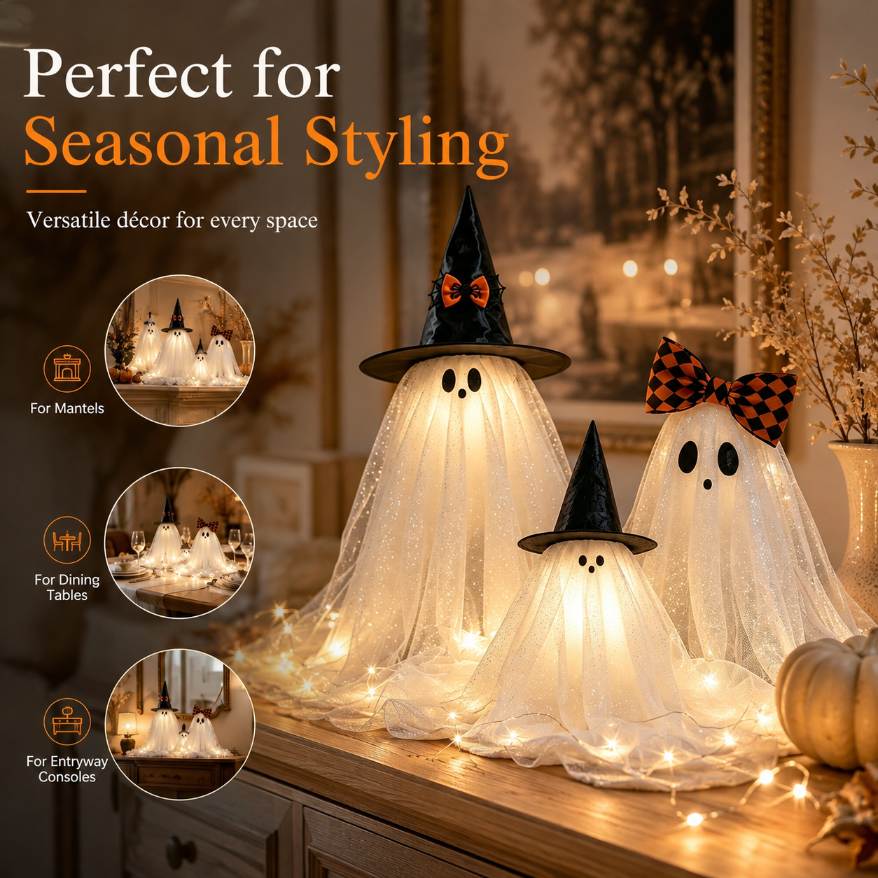 Set of 3 Glitter Fabric Ghost Figurines Tabletop Decorations