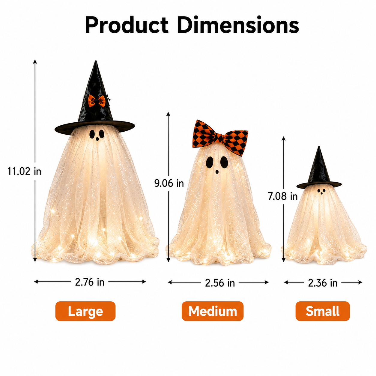 Set of 3 Glitter Fabric Ghost Figurines Tabletop Decorations
