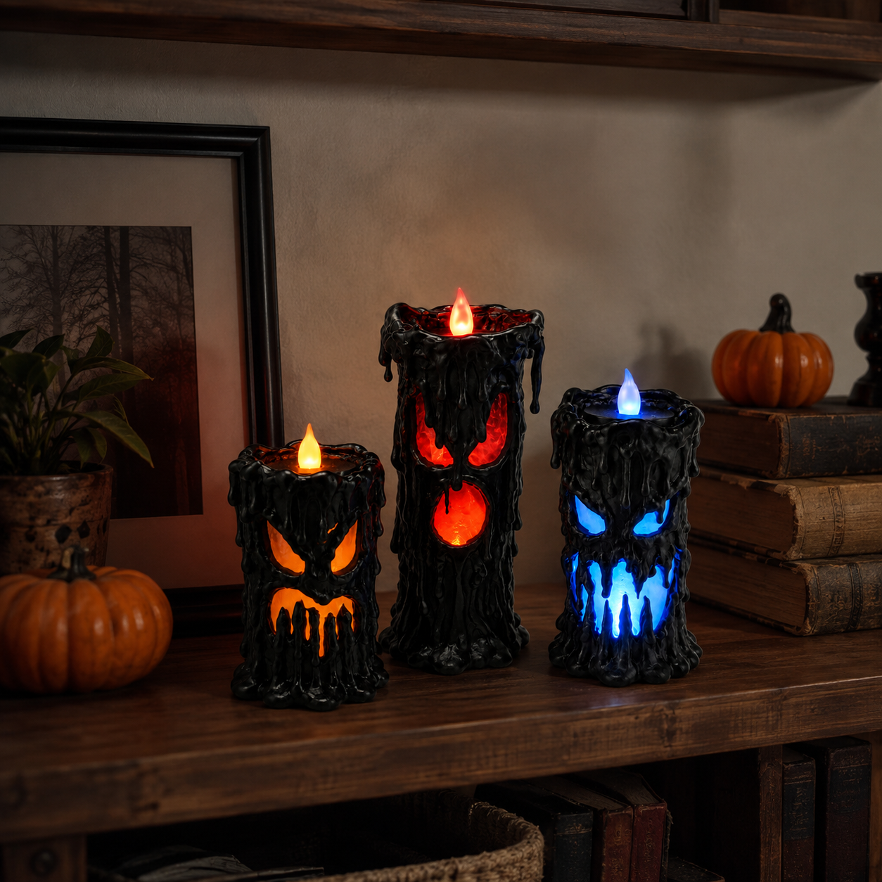 Set of 3 Lighted Melting Monster Candles with Flickering Flames