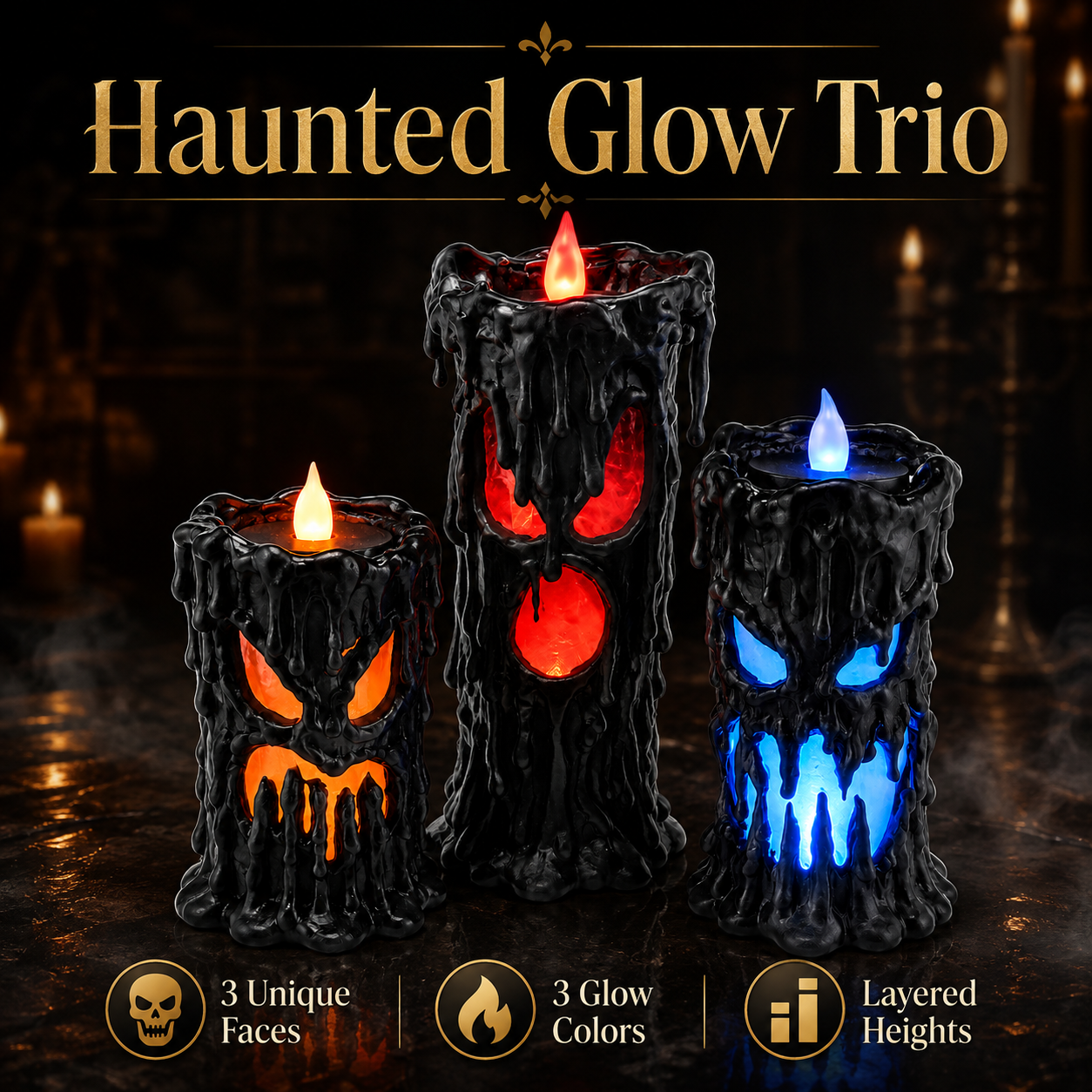 Set of 3 Lighted Melting Monster Candles with Flickering Flames