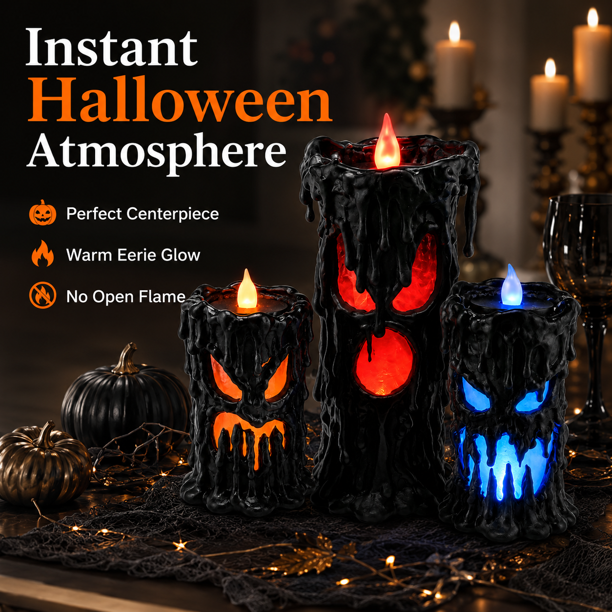 Set of 3 Lighted Melting Monster Candles with Flickering Flames