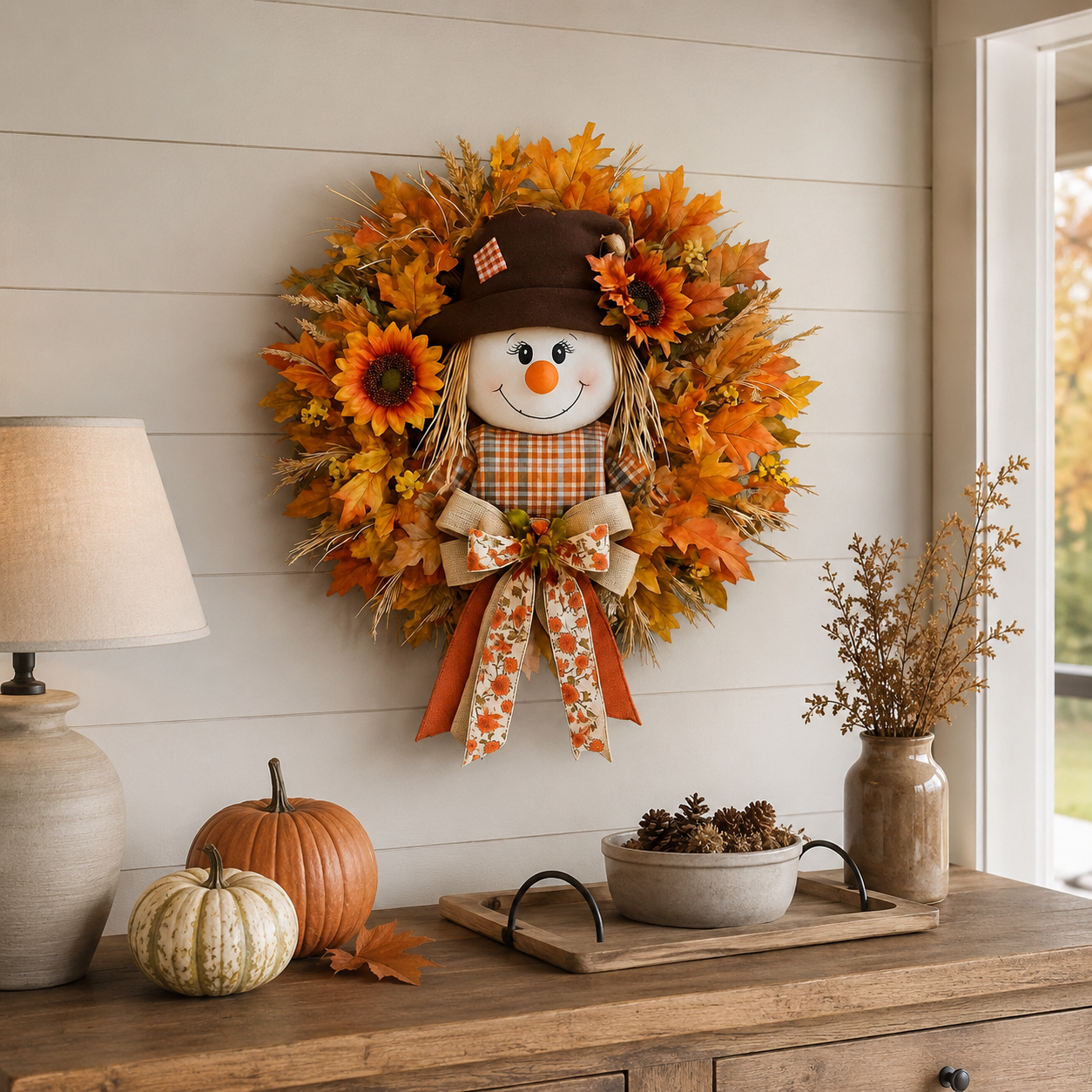 17.7 Inch Autumn Maple Leaf &Sunflower and Scarecrow Wreath