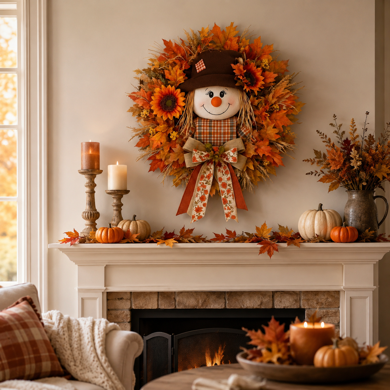 17.7 Inch Autumn Maple Leaf &Sunflower and Scarecrow Wreath
