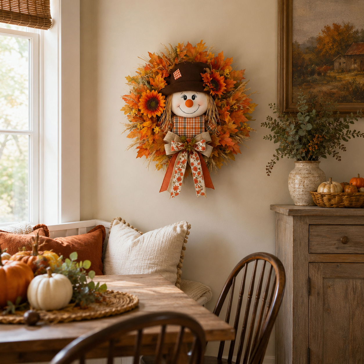 17.7 Inch Autumn Maple Leaf &Sunflower and Scarecrow Wreath