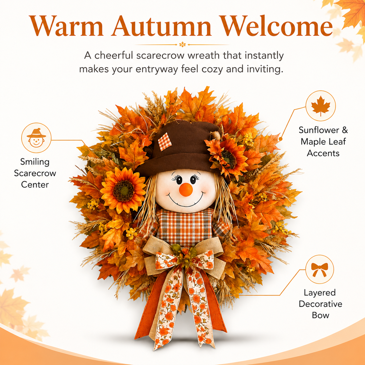 17.7 Inch Autumn Maple Leaf &Sunflower and Scarecrow Wreath