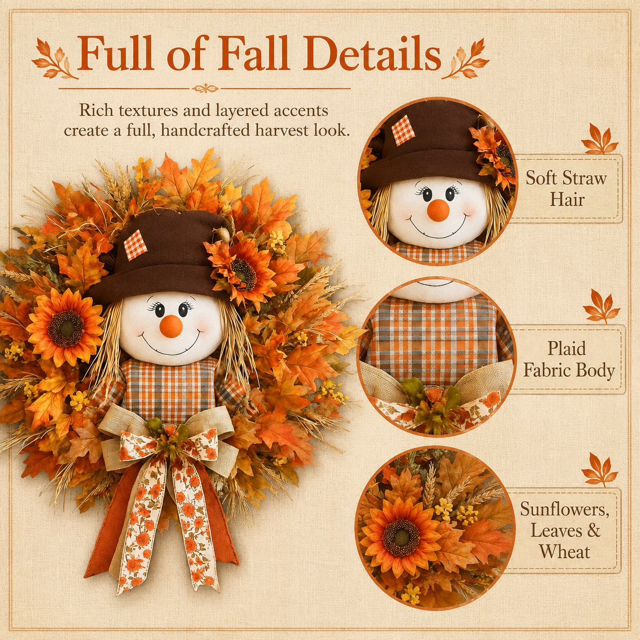 17.7 Inch Autumn Maple Leaf &Sunflower and Scarecrow Wreath