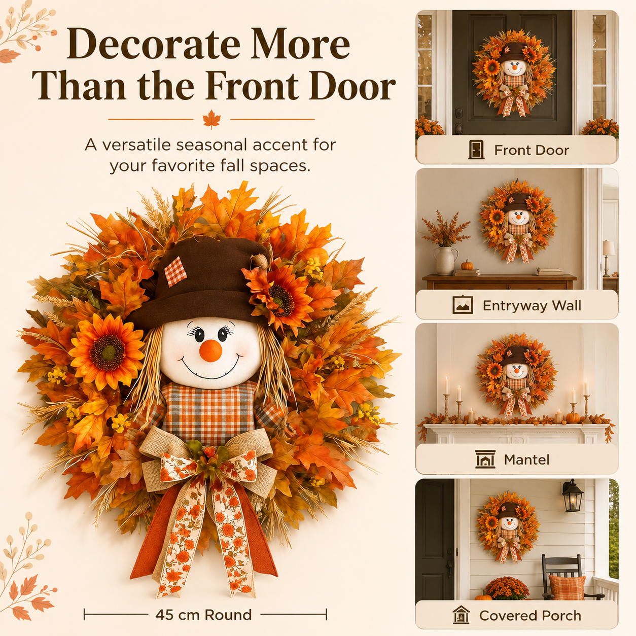 17.7 Inch Autumn Maple Leaf &Sunflower and Scarecrow Wreath