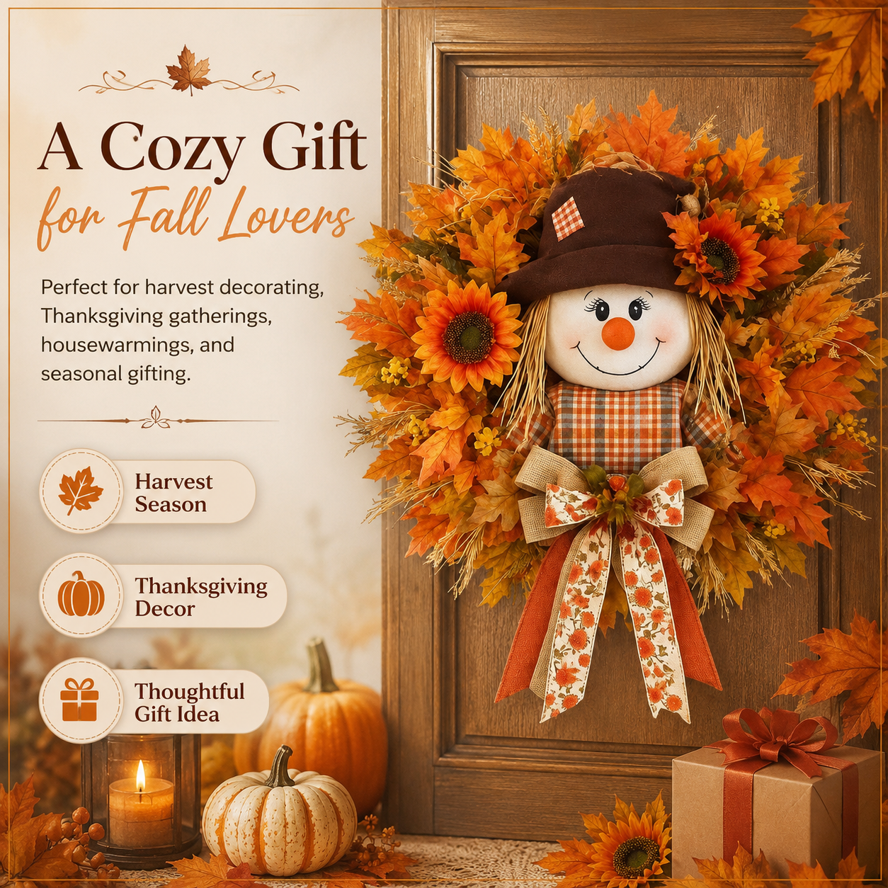 17.7 Inch Autumn Maple Leaf &Sunflower and Scarecrow Wreath