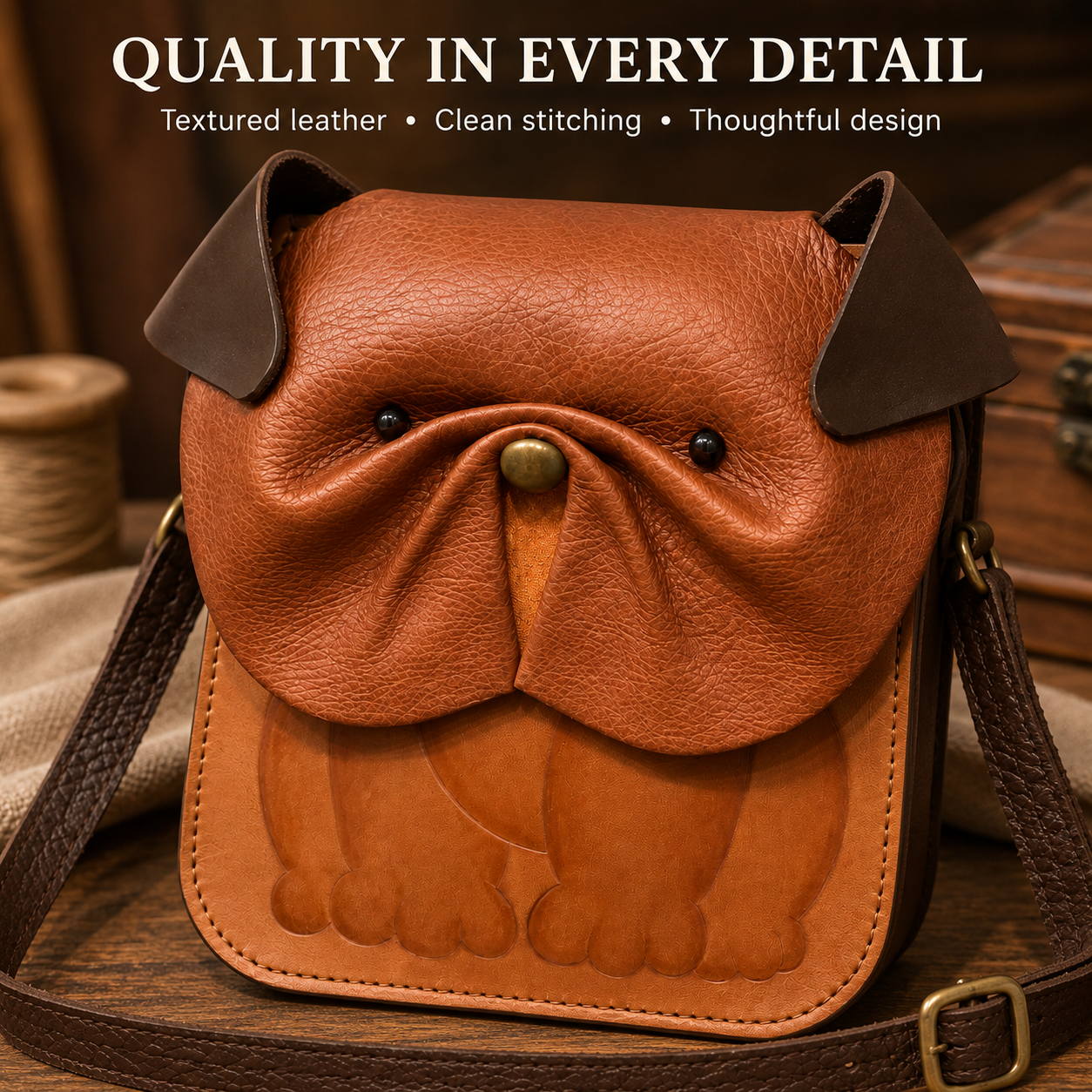 Handcrafted Bulldog Leather Crossbody Bag