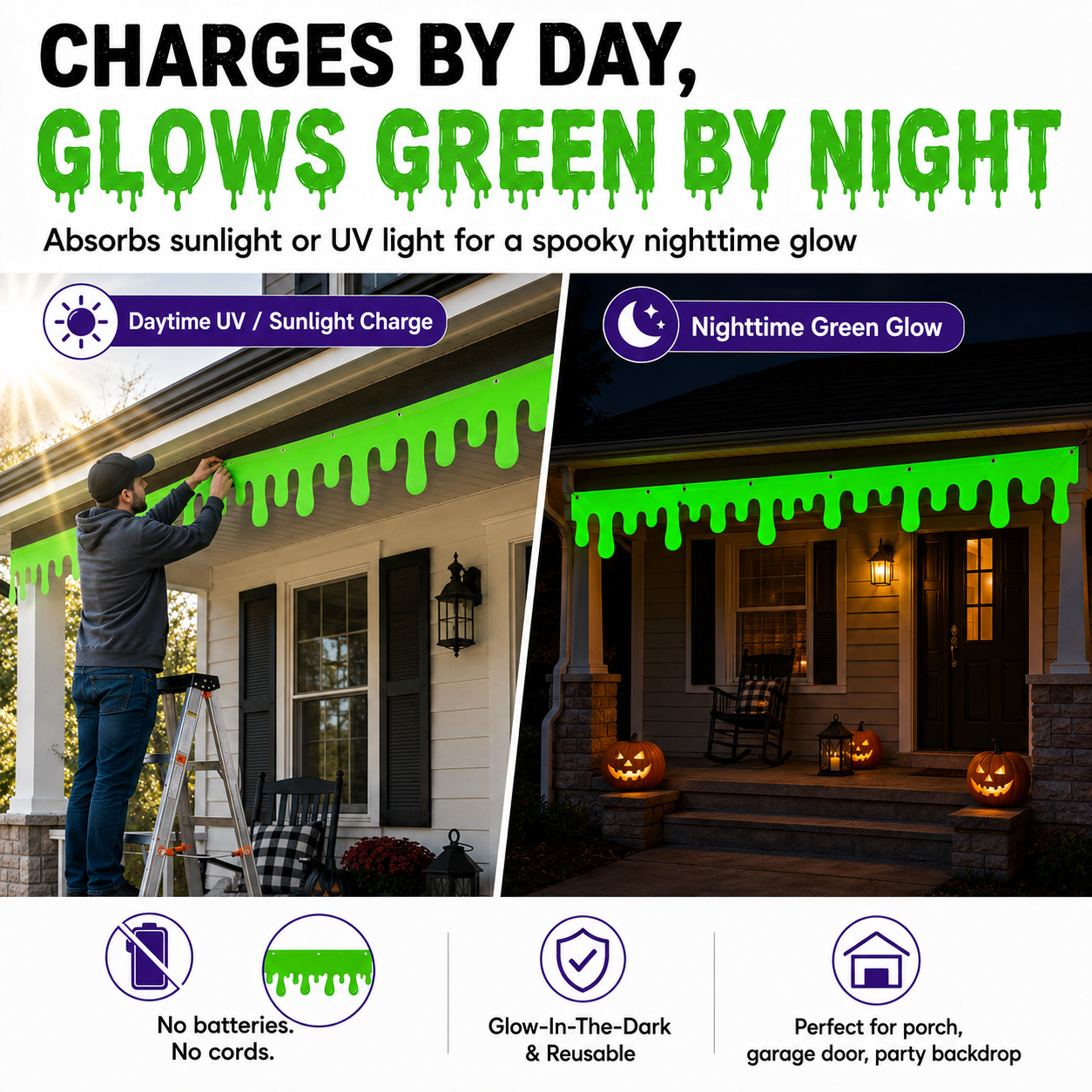 Halloween Neon Green Slime Banner, 19.6 x 79 Inch Glow in the Dark Dripping Slime Party Banner