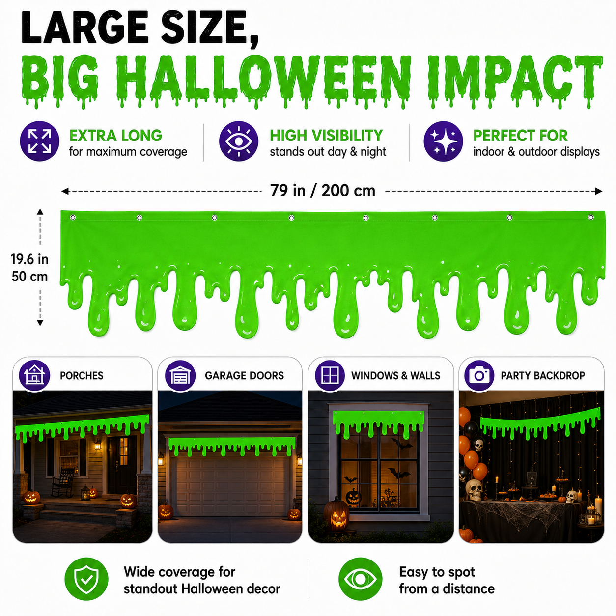 Halloween Neon Green Slime Banner, 19.6 x 79 Inch Glow in the Dark Dripping Slime Party Banner