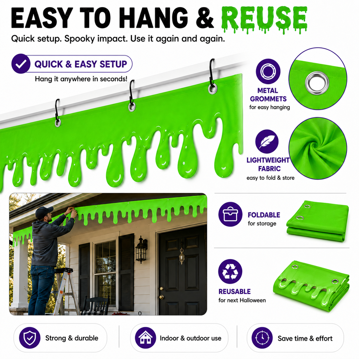 Halloween Neon Green Slime Banner, 19.6 x 79 Inch Glow in the Dark Dripping Slime Party Banner