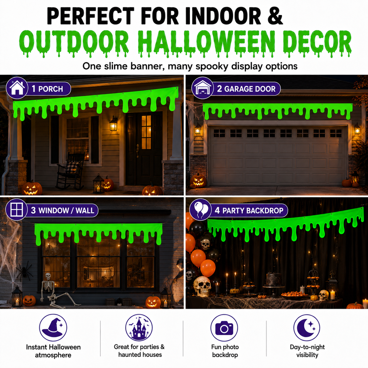 Halloween Neon Green Slime Banner, 19.6 x 79 Inch Glow in the Dark Dripping Slime Party Banner