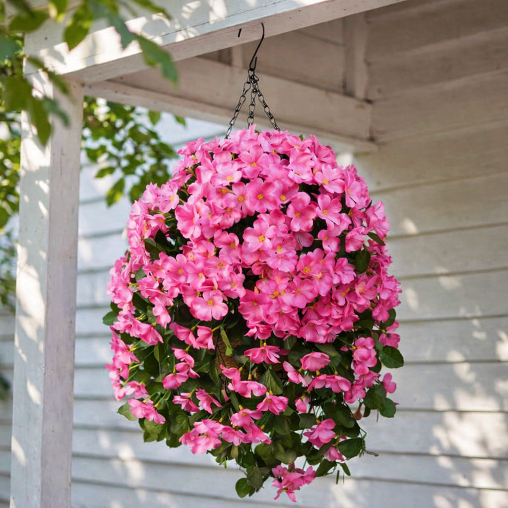 Artificial Hanging Flower Basket with Coconut Liner – Faux Outdoor Hanging Flowers Planter for Porch, Patio, Balcony & Garden Spring Decoration