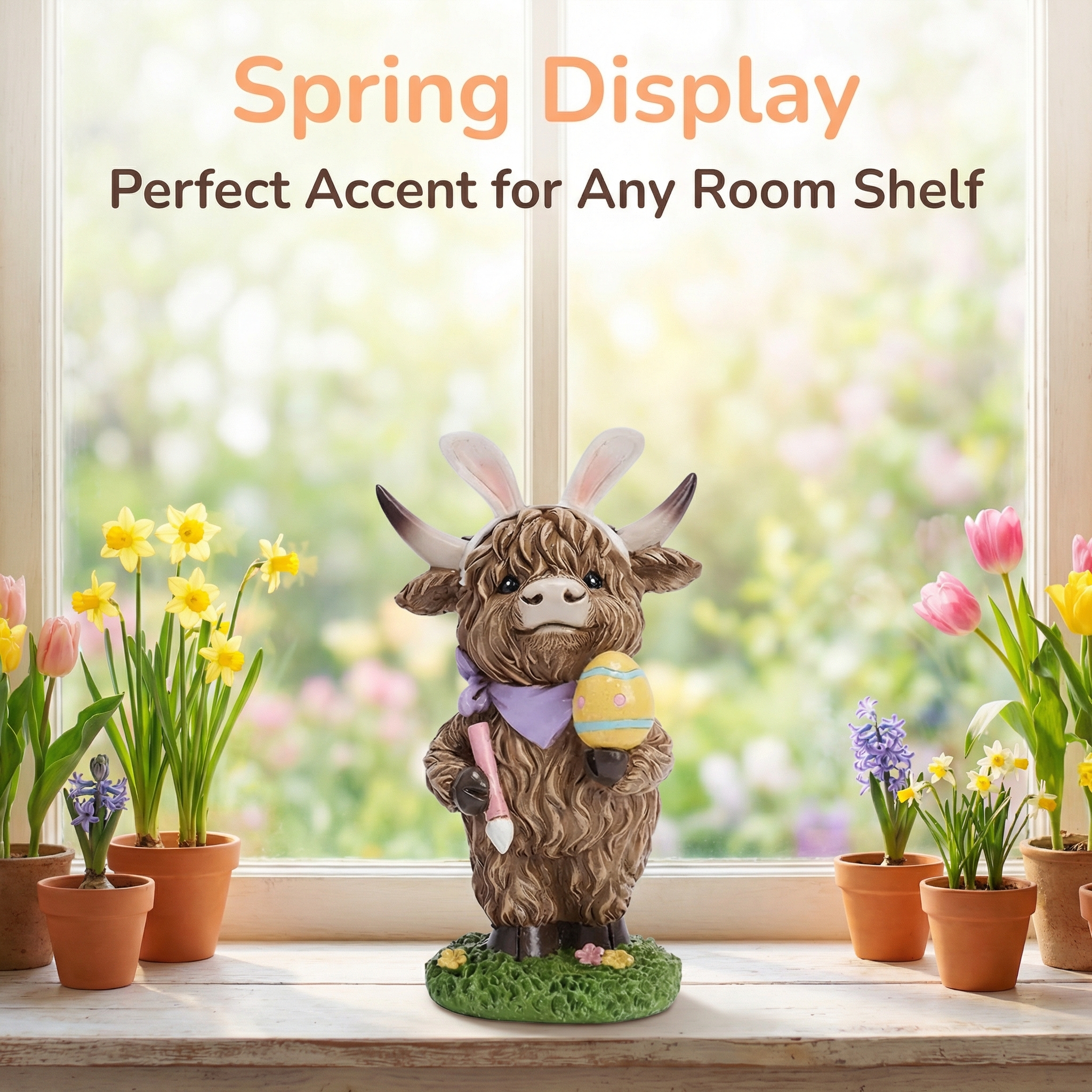 Easter Highland Cow Set with Bunny Ears on Base