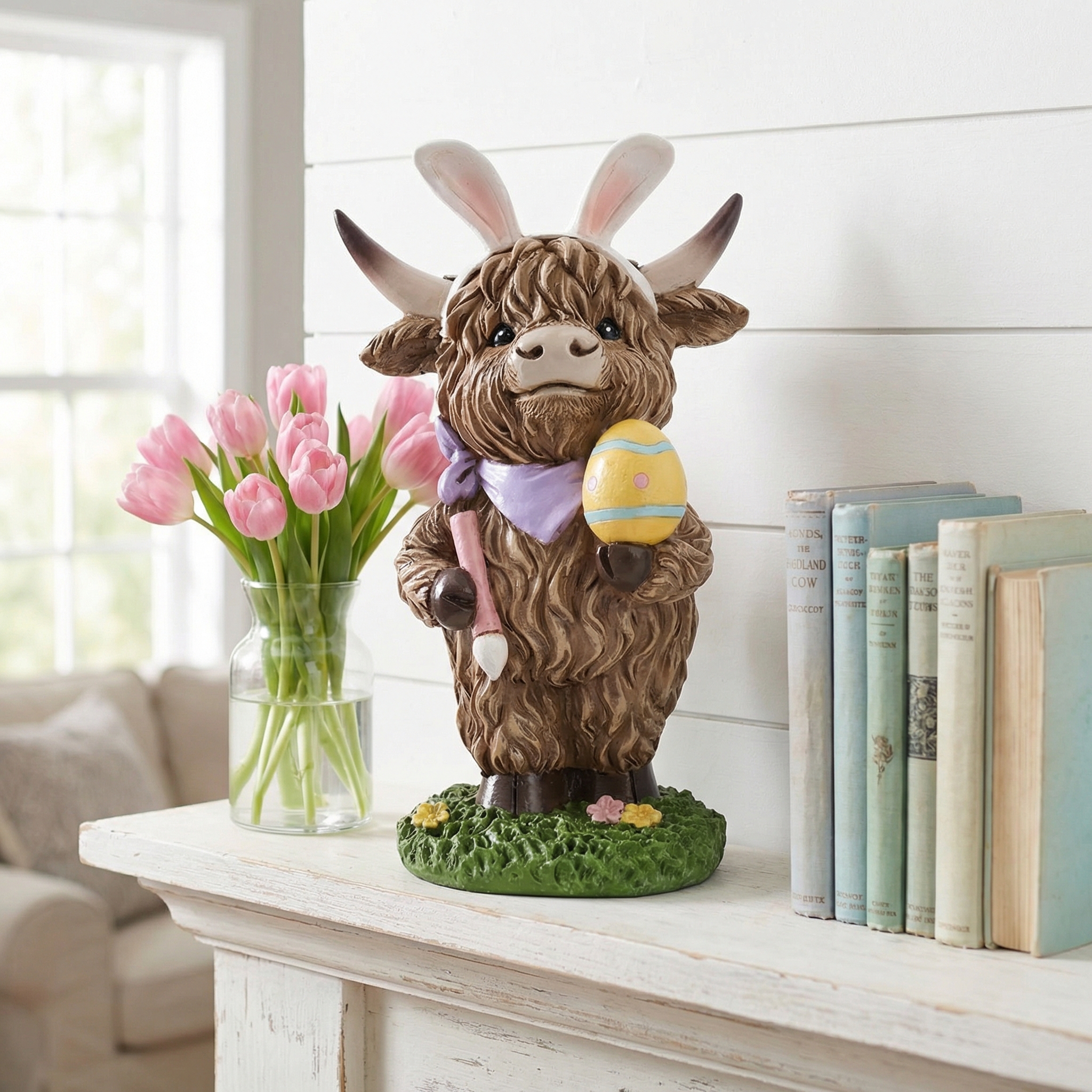Easter Highland Cow Set with Bunny Ears on Base