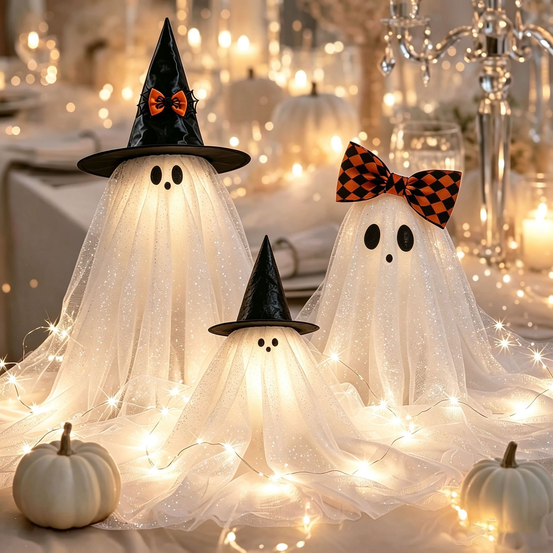 Set of 3 Glitter Fabric Ghost Figurines Tabletop Decorations
