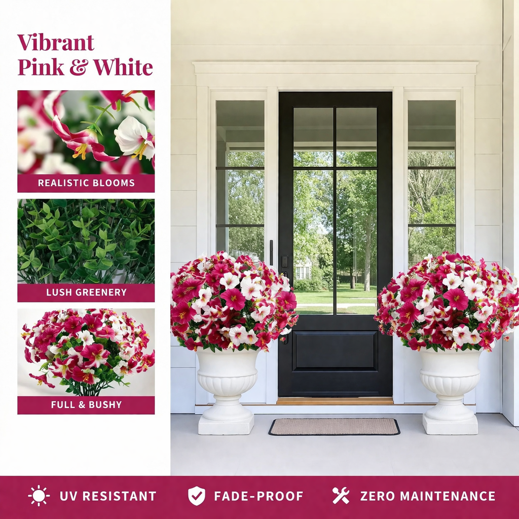 6 Bundles Artificial UV Resistant Eucalyptus Petunia Flowers