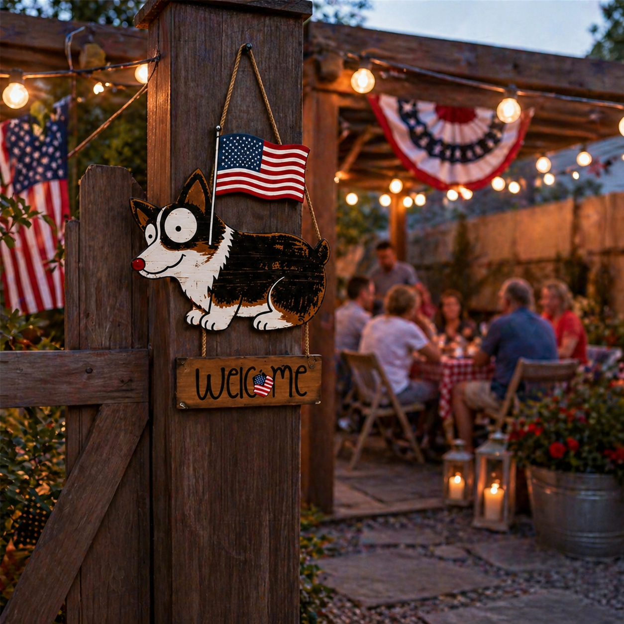 Wooden American Flag Dog Porch Sign for Front Door