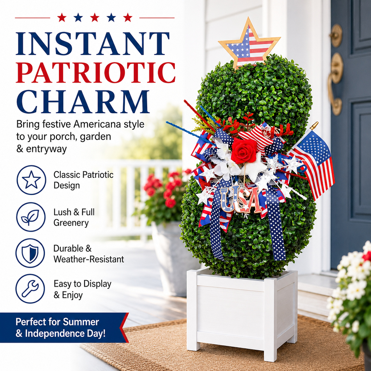 4th of July Artificial Boxwood Topiary with USA Bow, Mini American Flag & Star Topper
