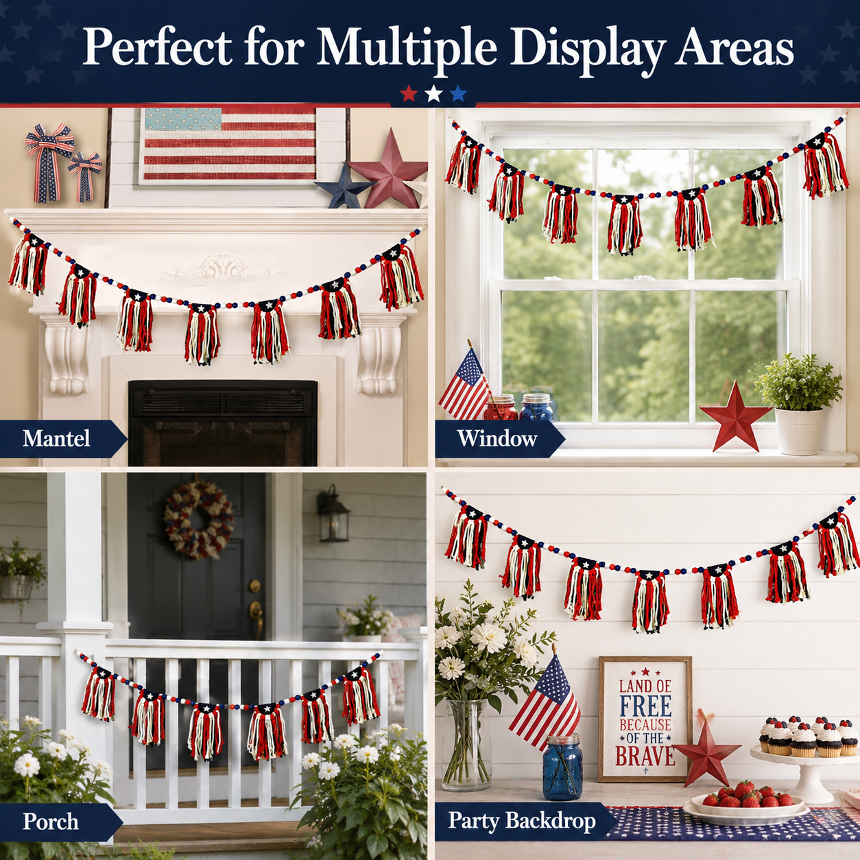  Patriotic 4th of July Garland with Wooden Bead Star Decorations