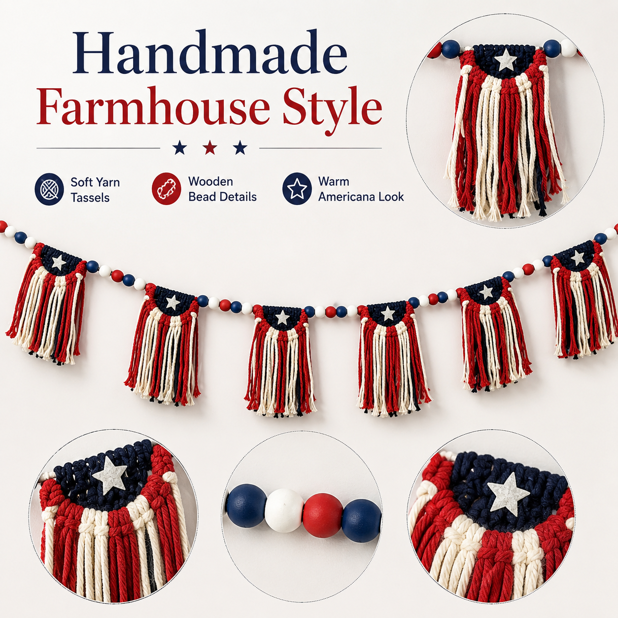  Patriotic 4th of July Garland with Wooden Bead Star Decorations