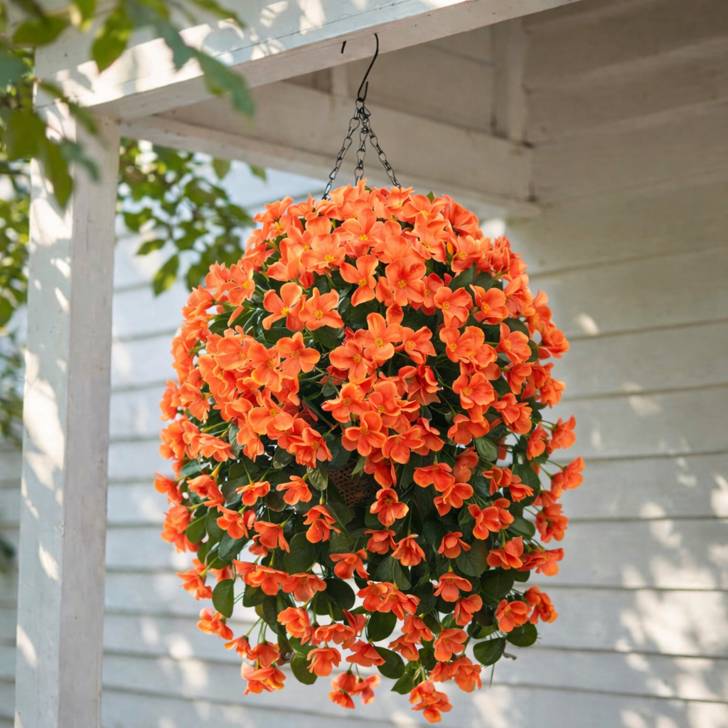 Artificial Hanging Flower Basket with Coconut Liner – Faux Outdoor Hanging Flowers Planter for Porch, Patio, Balcony & Garden Spring Decoration