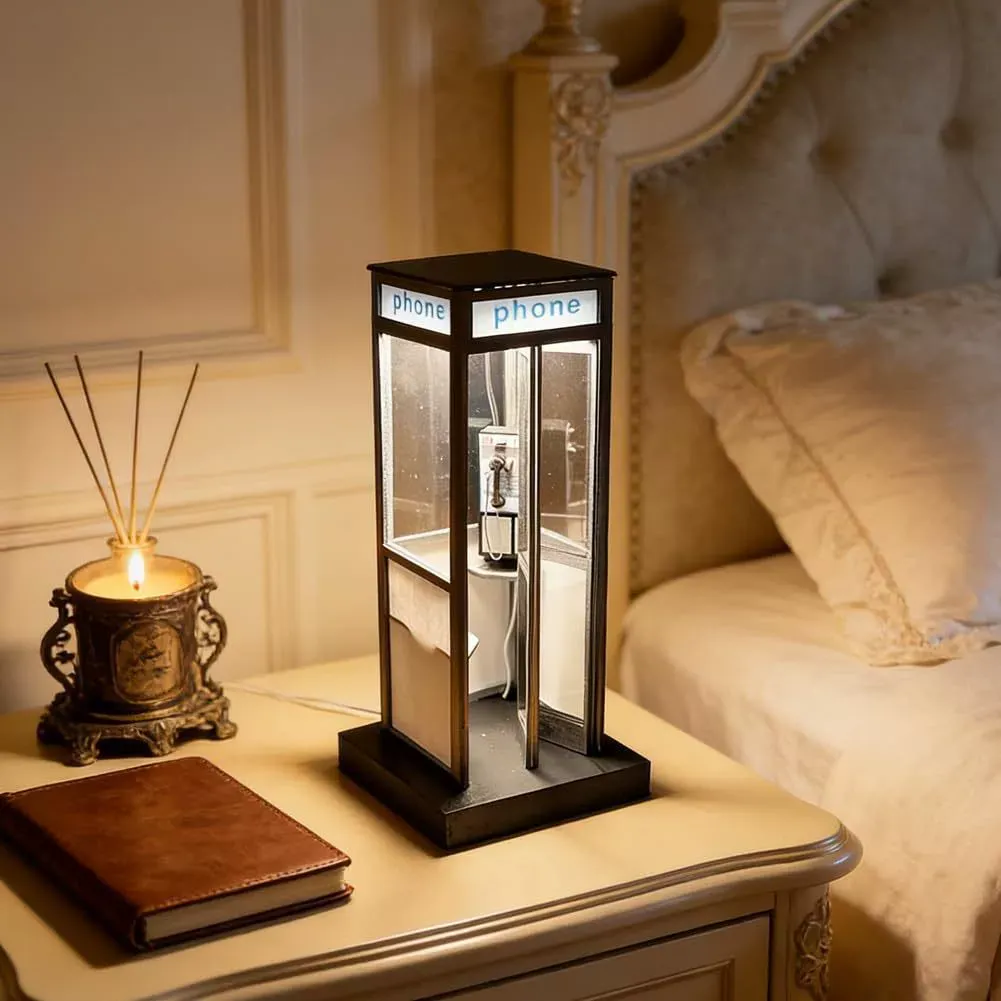 Retro Vintage Tall Phonebooth Lamp – Mini Telephone Booth Ambient Desk Light for Home Decor