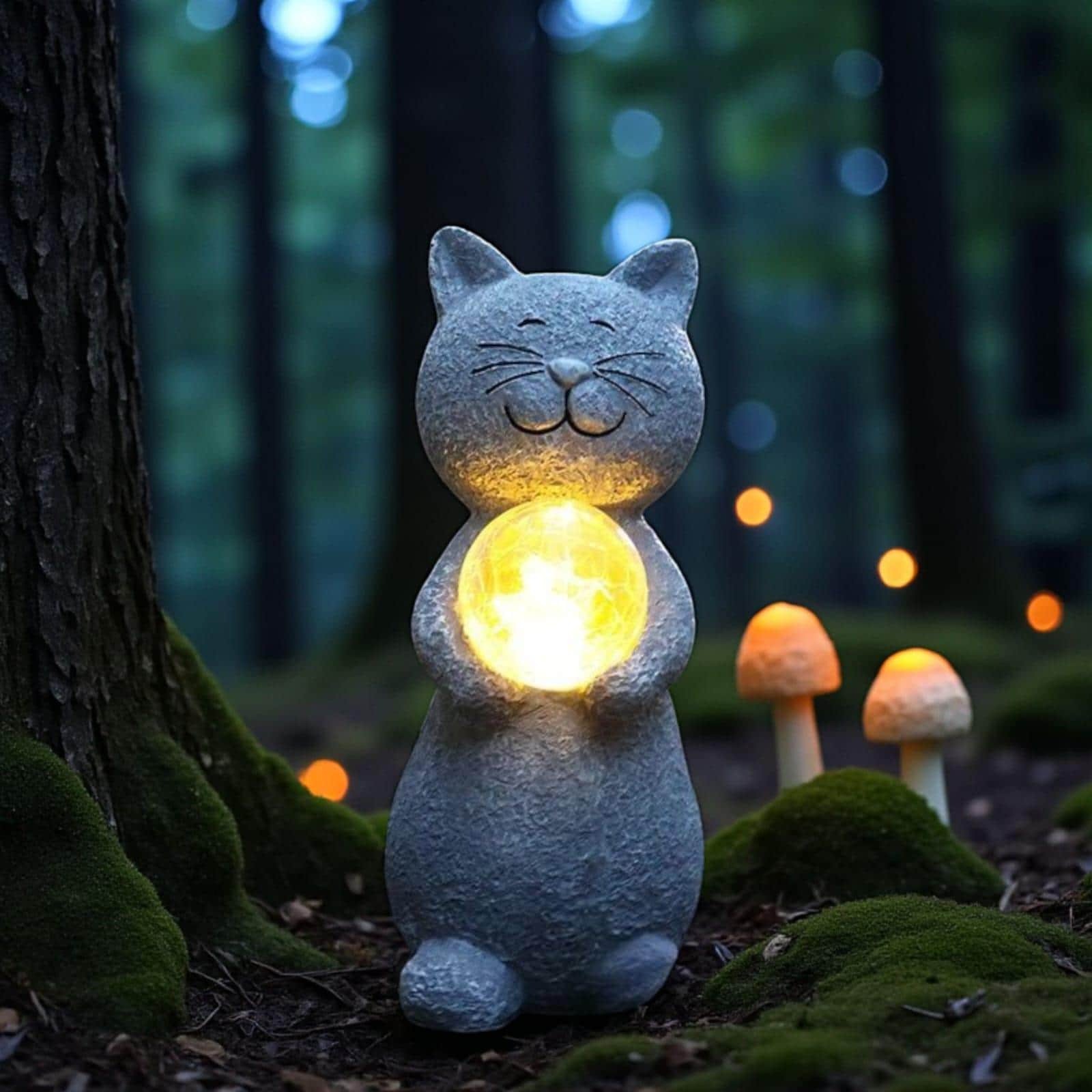 Solar-Powered Outdoor for cat Statue with Auto-On LED Light