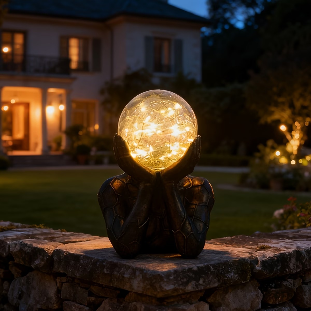 Solar-Powered Resin Figurine Holding Light Ball Outdoor Decor
