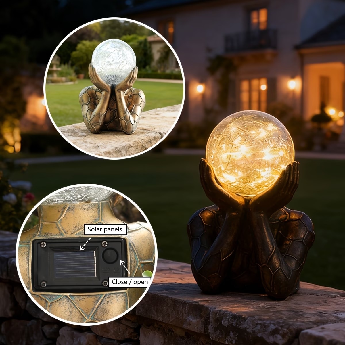 Solar-Powered Resin Figurine Holding Light Ball Outdoor Decor