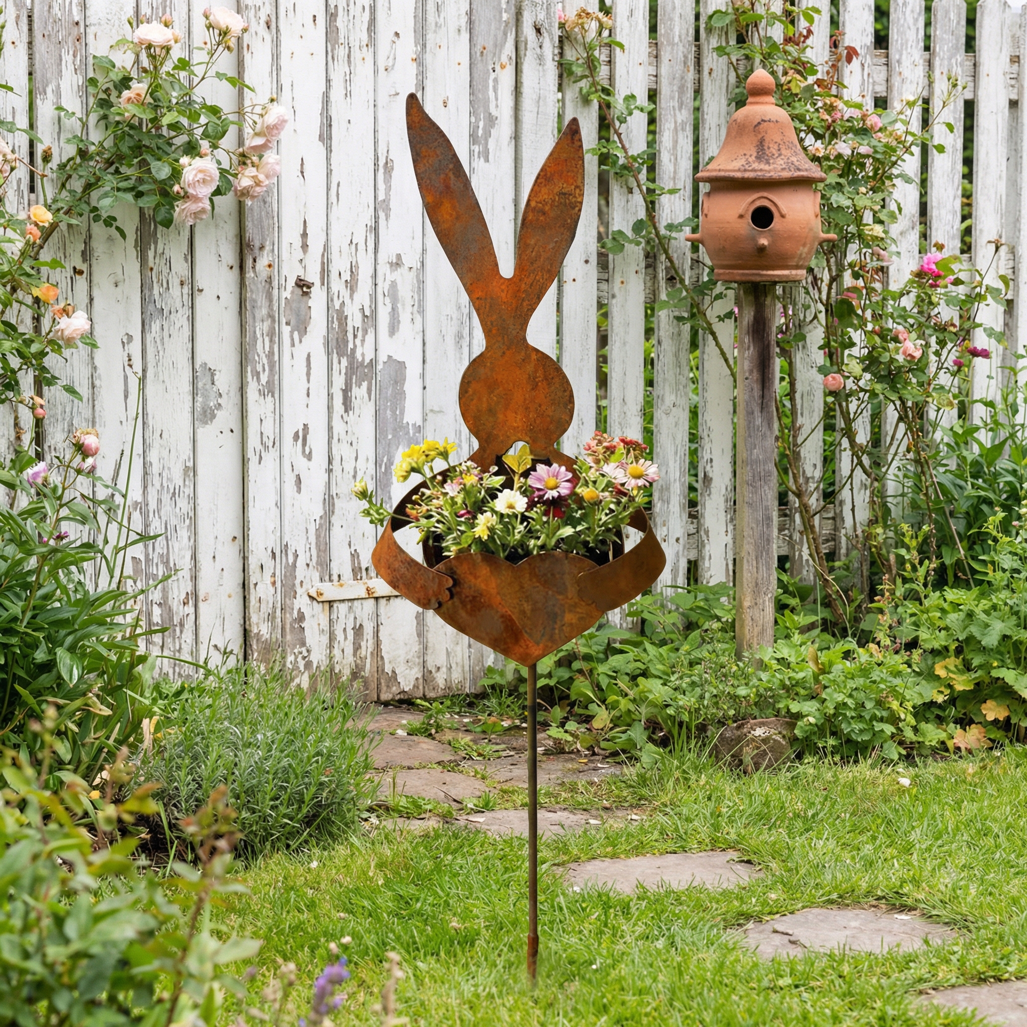 Easter Vintage Metal Rabbit Shaped Planter Garden Stake