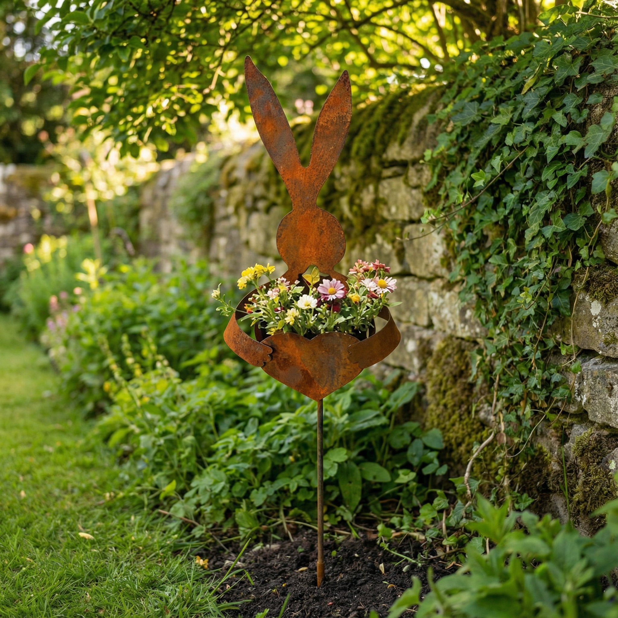 Easter Vintage Metal Rabbit Shaped Planter Garden Stake