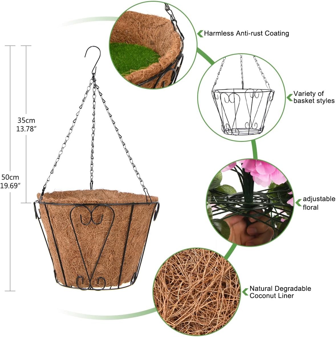 Artificial Hanging Flower Basket with Coconut Liner – Faux Outdoor Hanging Flowers Planter for Porch, Patio, Balcony & Garden Spring Decoration