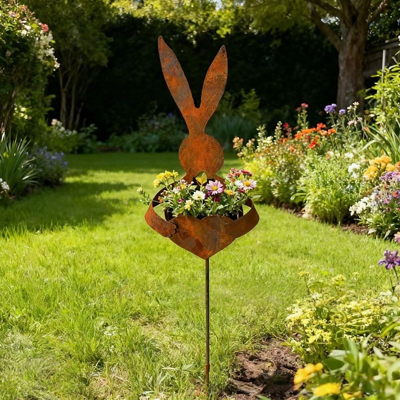 Easter Vintage Metal Rabbit Shaped Planter Garden Stake