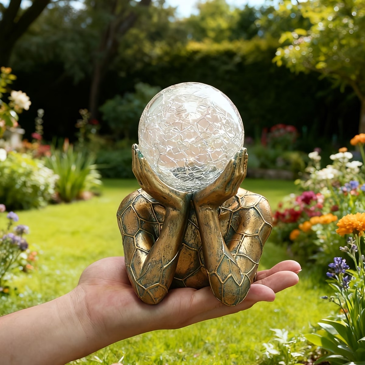 Solar-Powered Resin Figurine Holding Light Ball Outdoor Decor