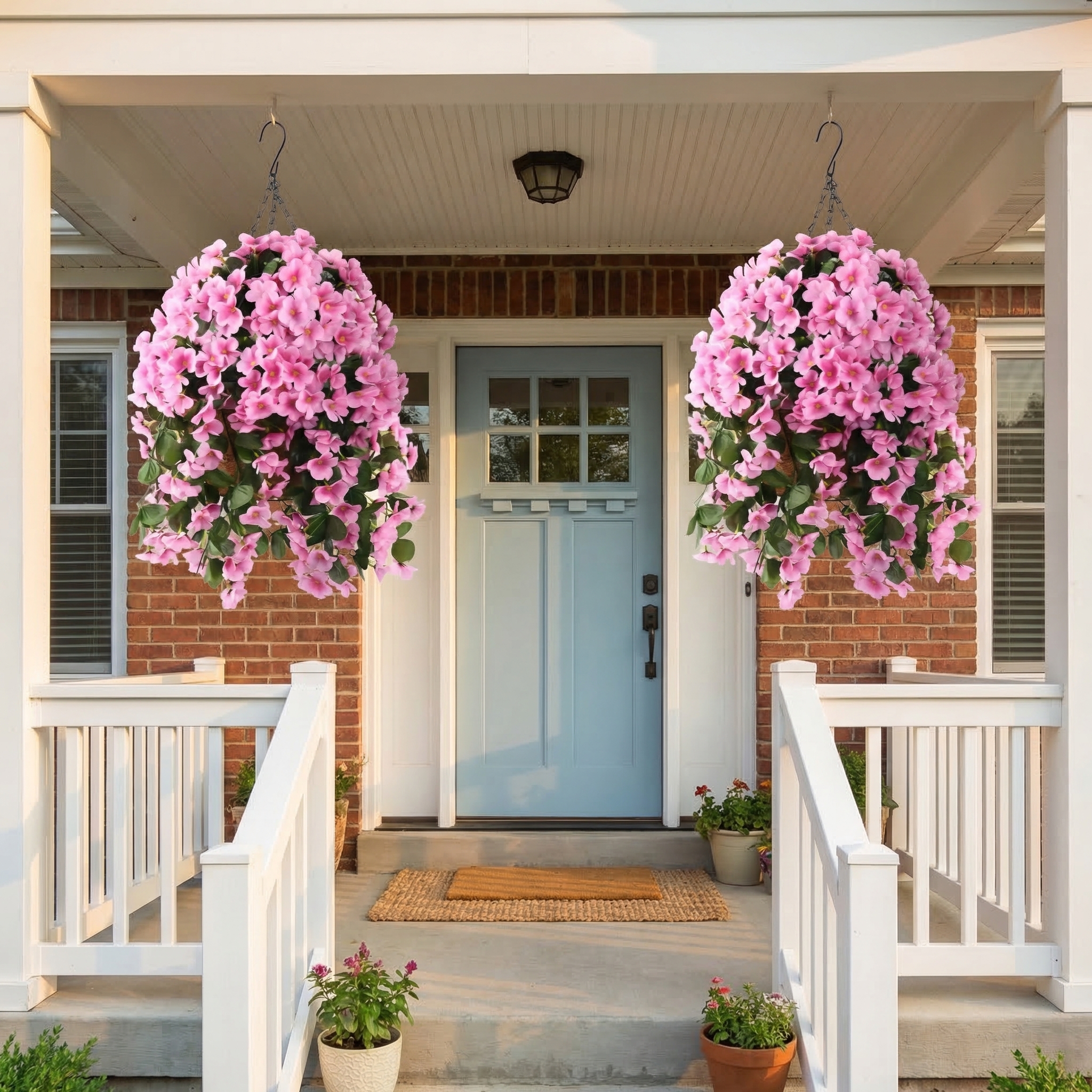 Artificial Hanging Flower Basket with Coconut Liner – Faux Outdoor Hanging Flowers Planter for Porch, Patio, Balcony & Garden Spring Decoration