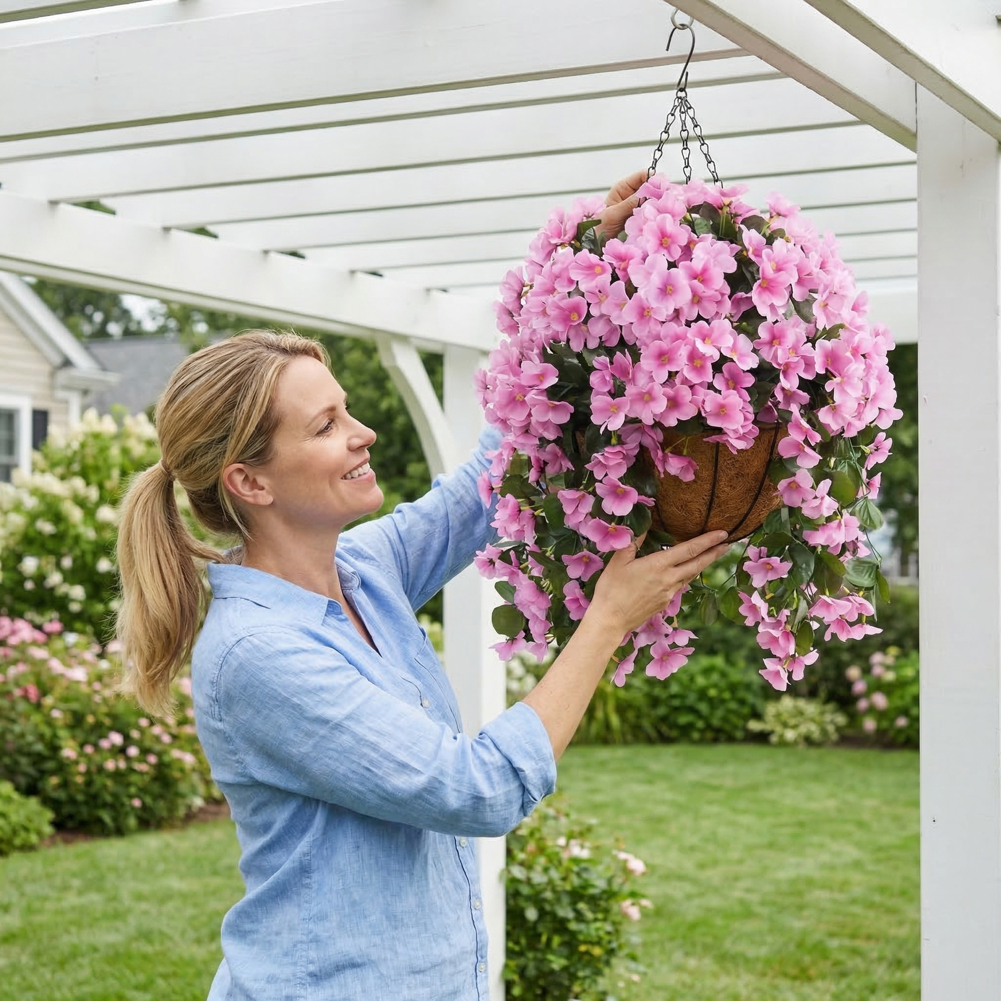 Artificial Hanging Flower Basket with Coconut Liner – Faux Outdoor Hanging Flowers Planter for Porch, Patio, Balcony & Garden Spring Decoration
