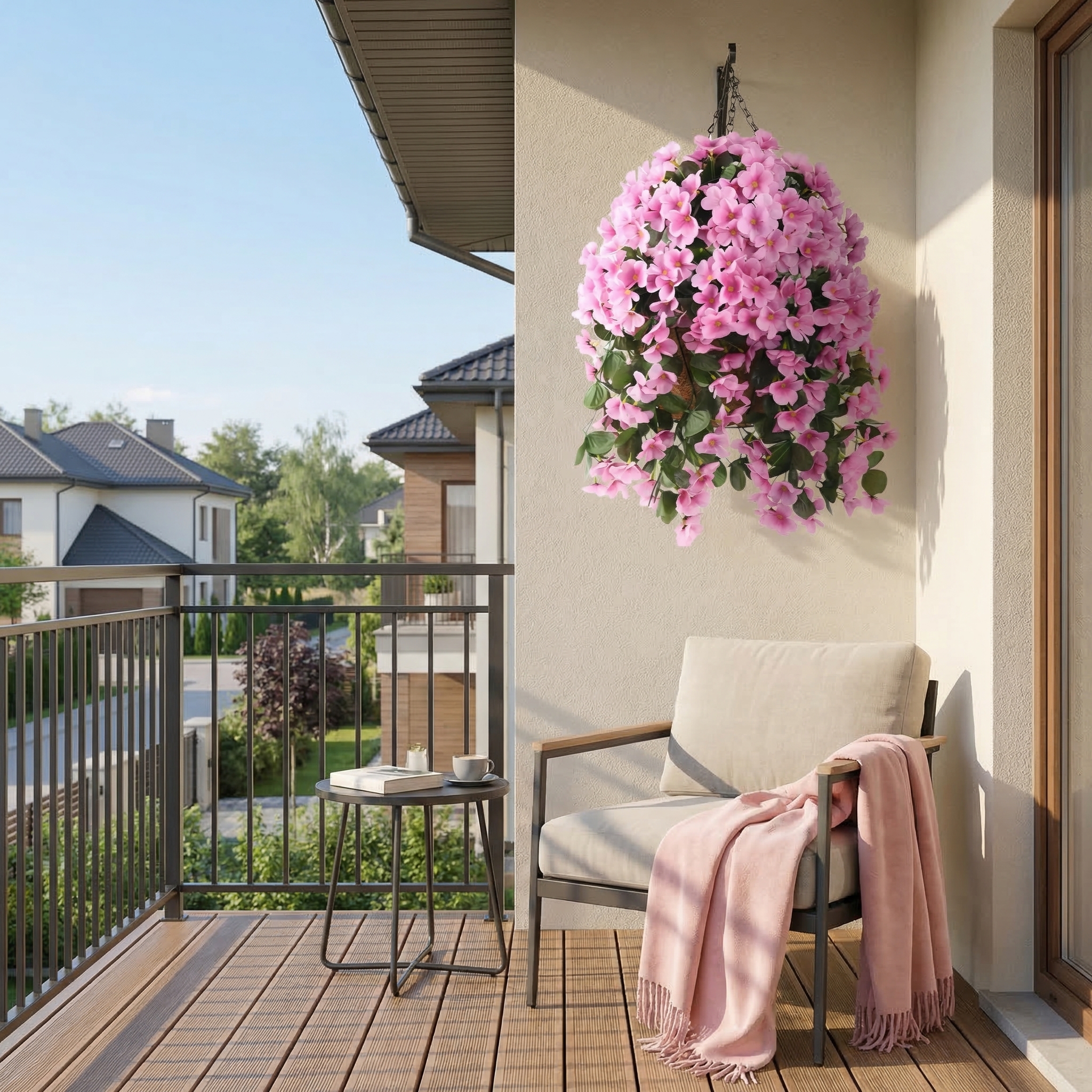 Artificial Hanging Flower Basket with Coconut Liner – Faux Outdoor Hanging Flowers Planter for Porch, Patio, Balcony & Garden Spring Decoration