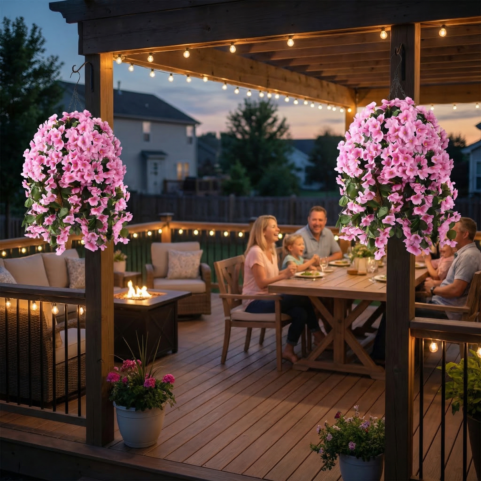 Artificial Hanging Flower Basket with Coconut Liner – Faux Outdoor Hanging Flowers Planter for Porch, Patio, Balcony & Garden Spring Decoration