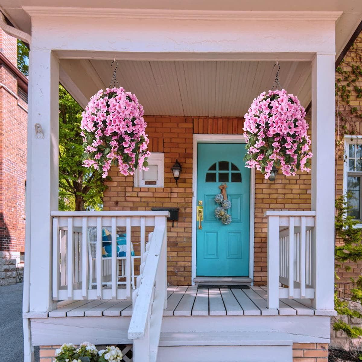 Artificial Hanging Flower Basket with Coconut Liner – Faux Outdoor Hanging Flowers Planter for Porch, Patio, Balcony & Garden Spring Decoration