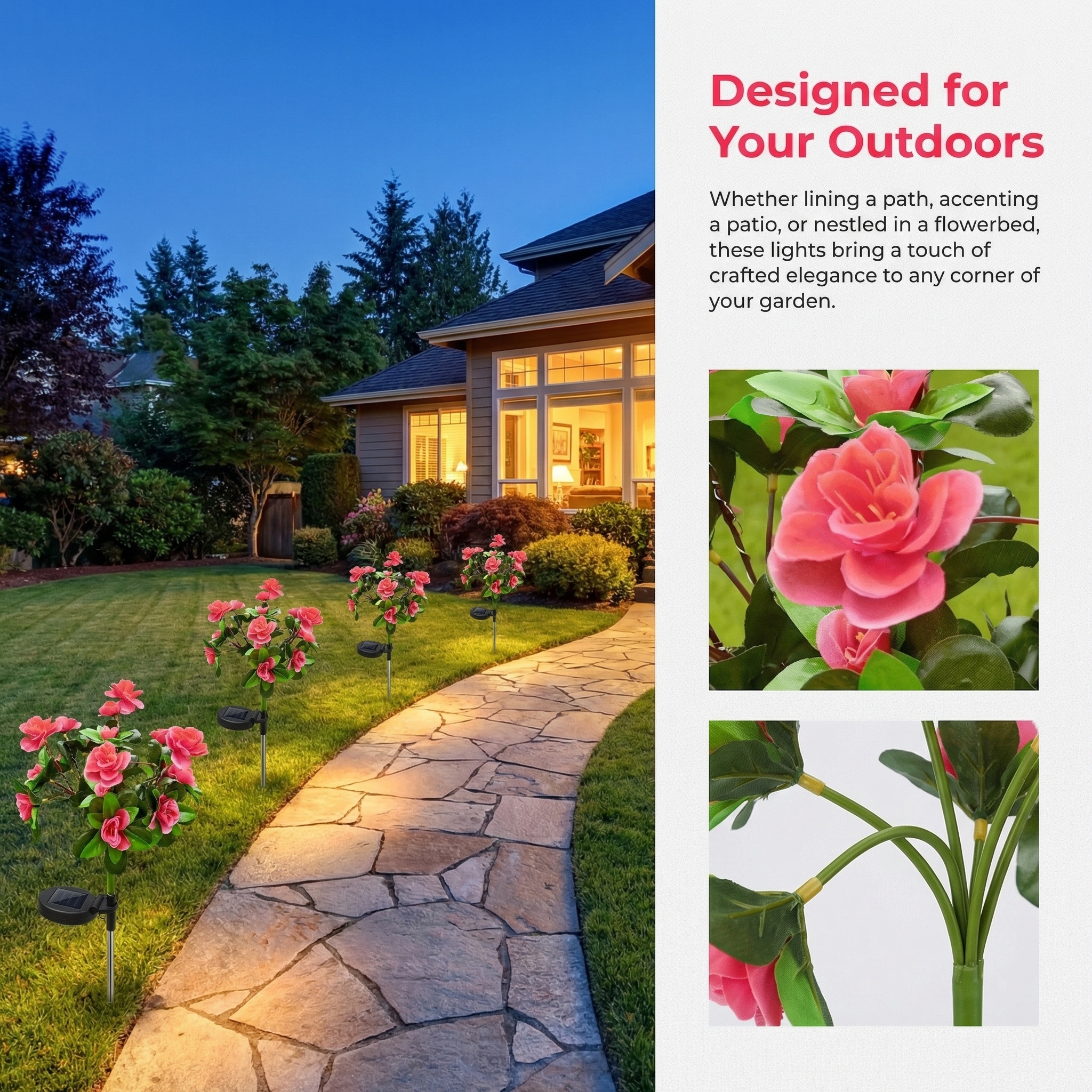 Solar Azalea Flower Garden Lights – Outdoor Waterproof LED Stake Lights, Lifelike Blooming Flowers