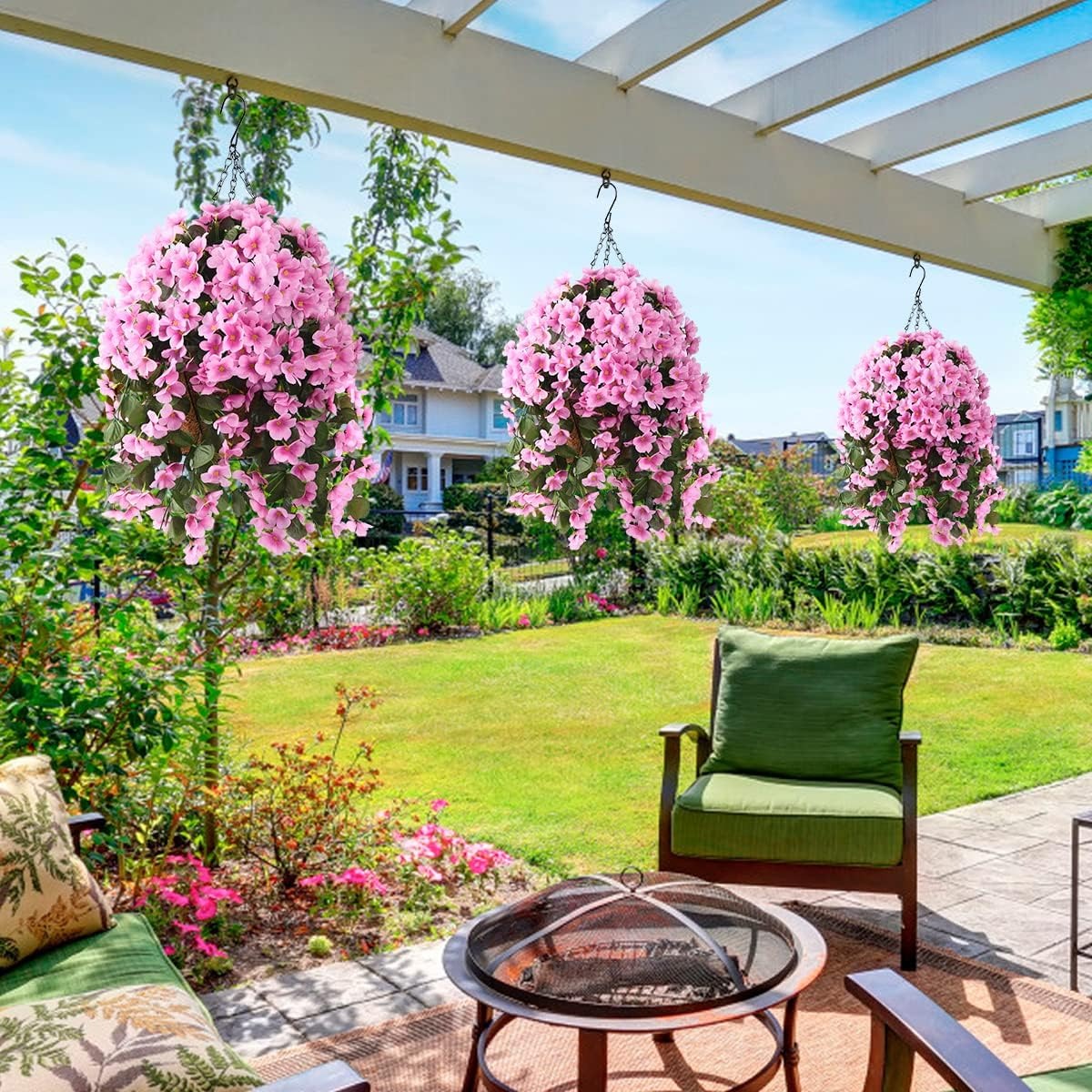 Artificial Hanging Flower Basket with Coconut Liner – Faux Outdoor Hanging Flowers Planter for Porch, Patio, Balcony & Garden Spring Decoration