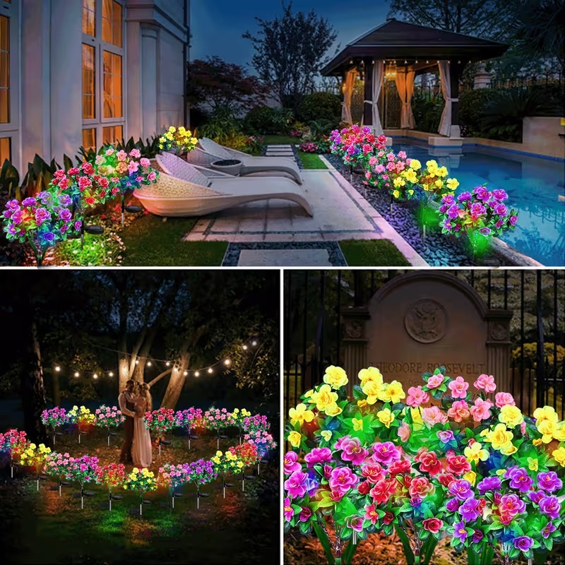 Solar Azalea Flower Garden Lights – Outdoor Waterproof LED Stake Lights, Lifelike Blooming Flowers