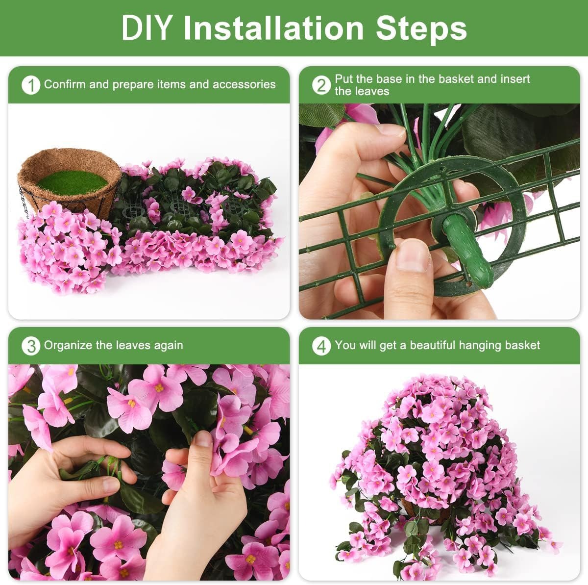 Artificial Hanging Flower Basket with Coconut Liner – Faux Outdoor Hanging Flowers Planter for Porch, Patio, Balcony & Garden Spring Decoration