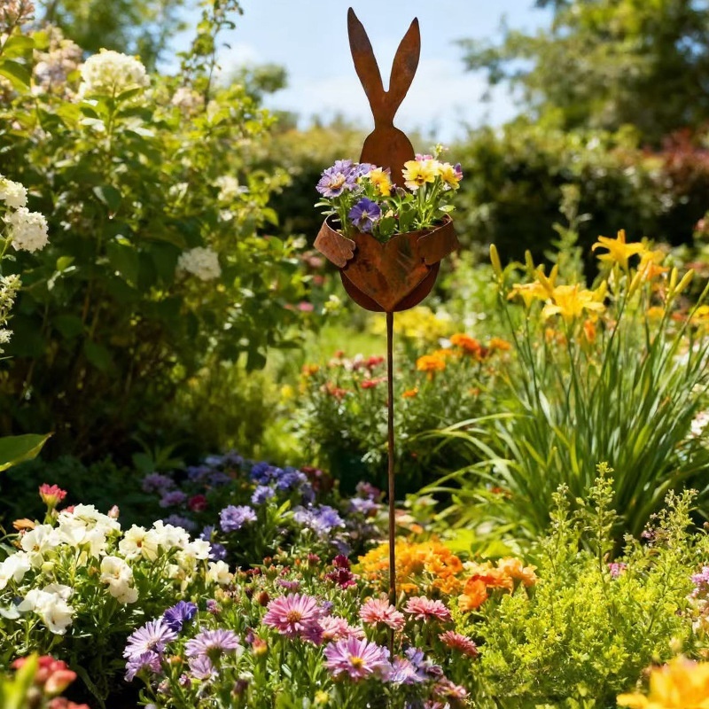 Easter Vintage Metal Rabbit Shaped Planter Garden Stake
